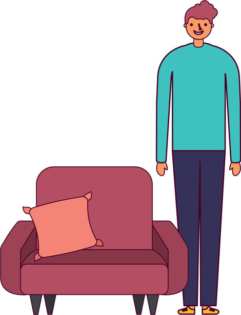 一个男人站在有靠垫的沙发旁边图片下载