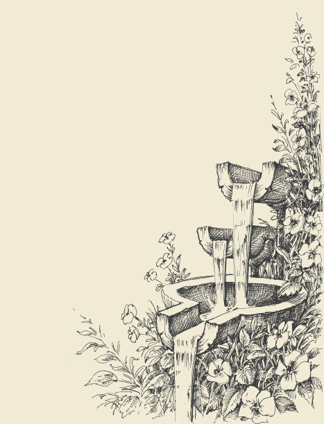 喷泉、花卉角落点缀图片下载