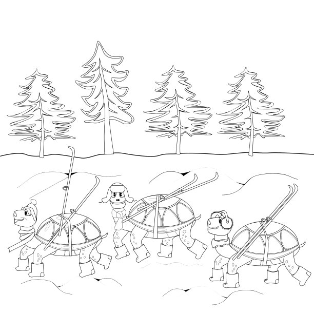 轮廓黑色和白色绘制海龟与滑雪板图片下载