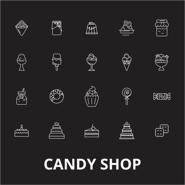 黑色背景上的糖果店可编辑线条图标集图片下载