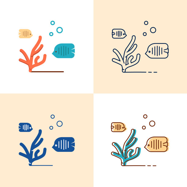 海珊瑚和鱼的图标设置在平坦和线条风格图片下载