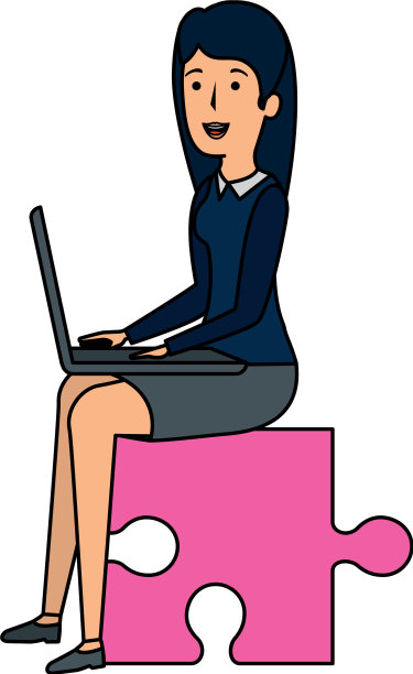 女商人拿着笔记本电脑坐在一块拼图上图片下载