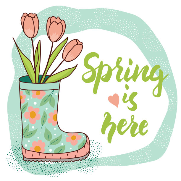 春天的卡片，带雨靴和郁金香图片下载