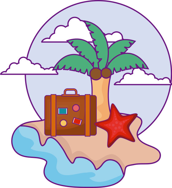 沙滩上的热带棕榈树、海星和旅行箱图片下载