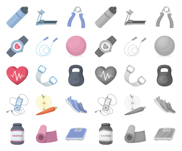 健身房和训练卡通的图标设置图片下载