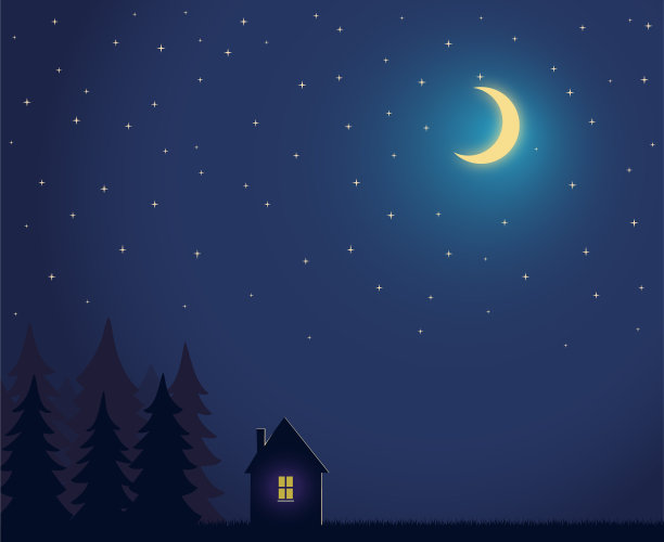 房子和树，还有星星和月亮的夜空图片下载