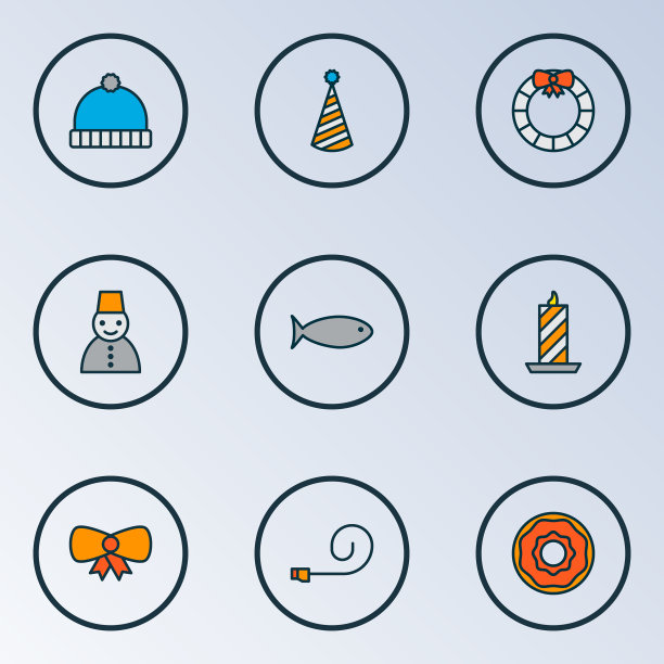 圣诞图标彩色线设置油炸圈饼鱼图片下载