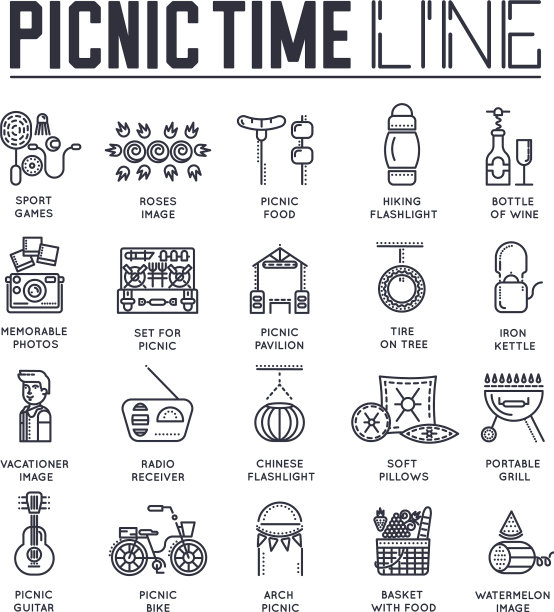 设置野餐时间烧烤细线图标图片下载