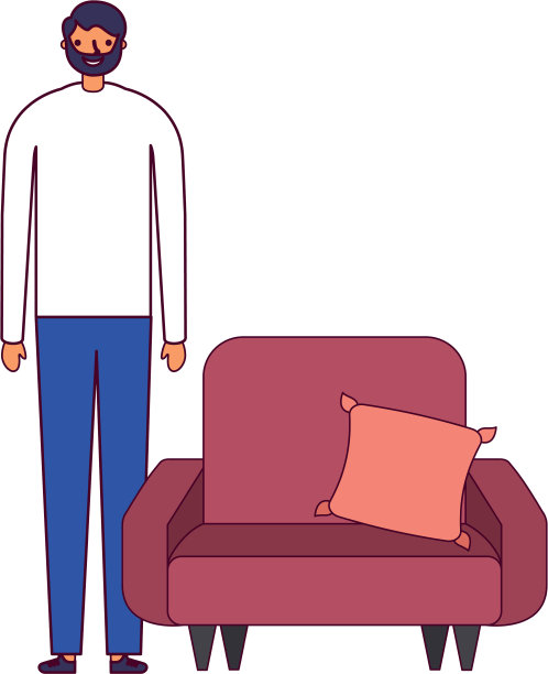 一个男人站在有靠垫的沙发旁边图片下载