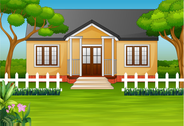 有绿色院子和木栅栏的卡通房子图片下载