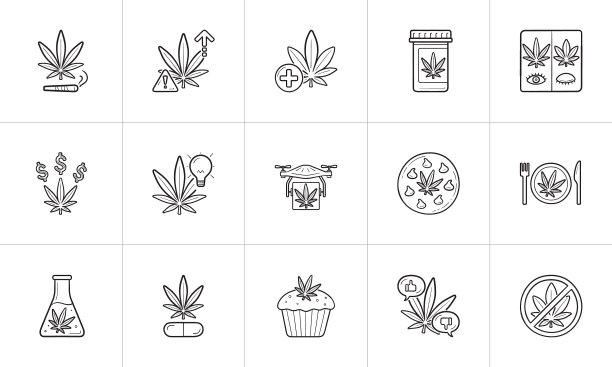 手绘大麻轮廓涂鸦图标集图片下载