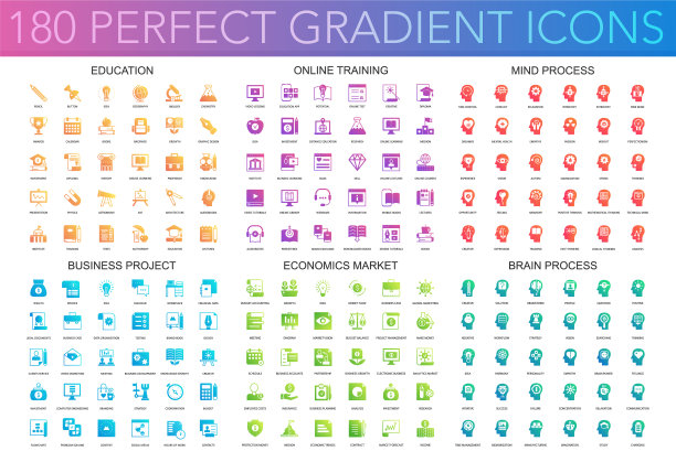 180时尚完美的渐变教育图标集图片下载