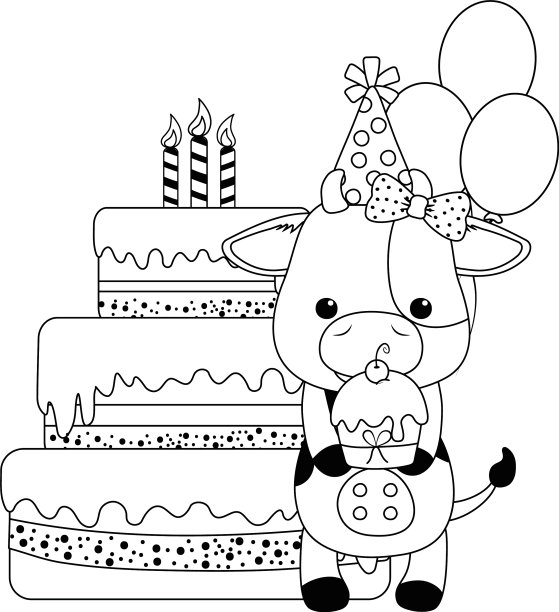 牛卡通与快乐的生日图标设计图片下载