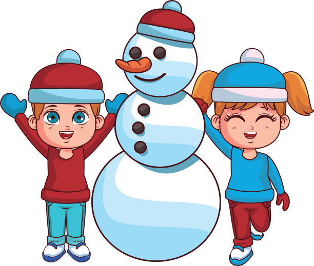 冬天男孩和女孩与雪人图片下载