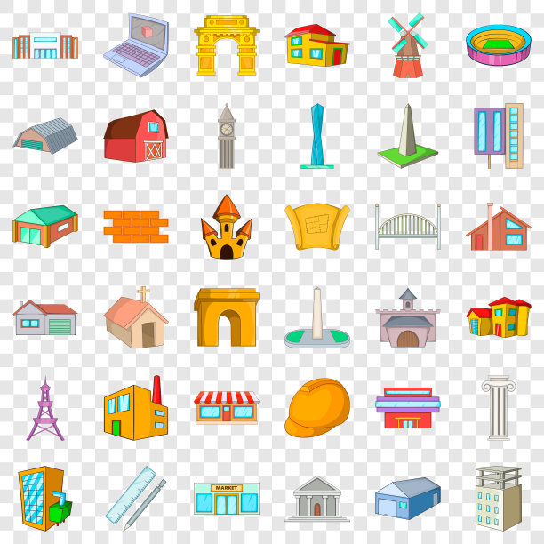 建筑图标设置卡通风格图片下载