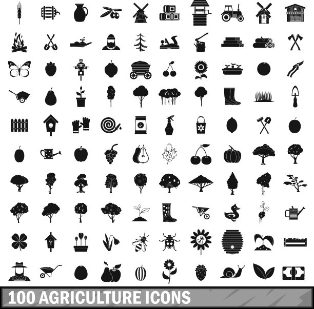 100个农业图标设置在简单的风格图片下载
