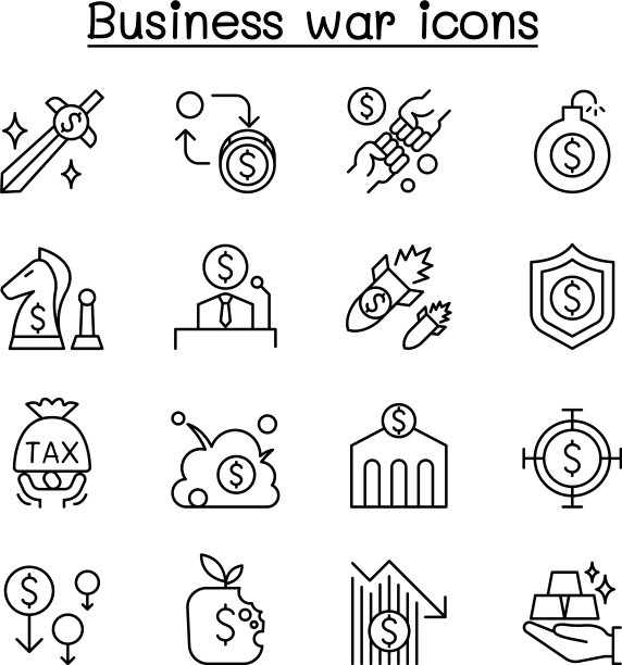 商业战争图标设置在细线风格图片下载