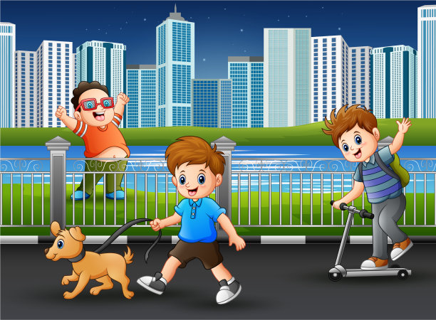 快乐的男孩在公园路上玩耍图片下载