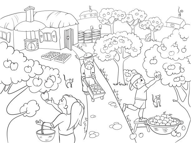 孩子们为收获主题的卡通涂色图片下载