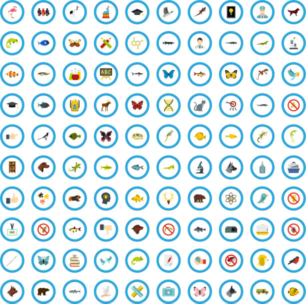100个动物园检查图标设置扁平风格图片下载