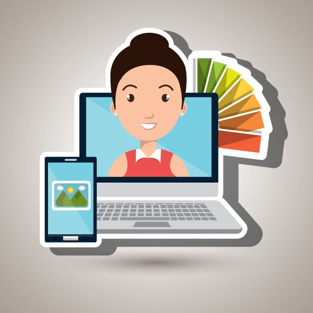 用笔记本电脑的女人绘制彩色图像图片下载