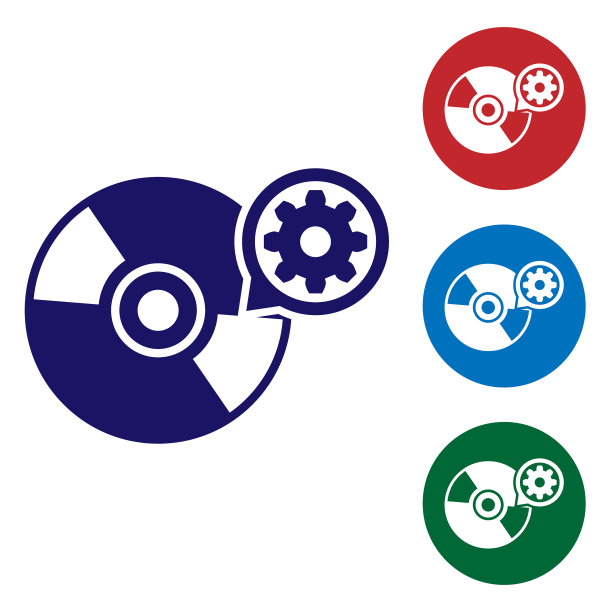 蓝色CD或DVD光盘和齿轮图标隔离图片下载