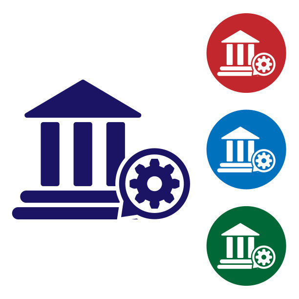 蓝色银行建筑和装备图标隔离在白色上图片下载