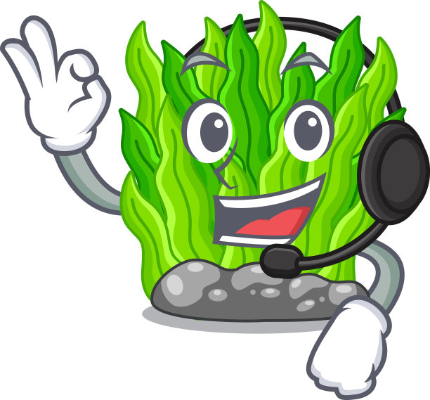 戴着耳机的绿色海藻在卡通水族馆里图片下载