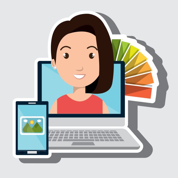 用笔记本电脑的女人绘制彩色图像图片下载