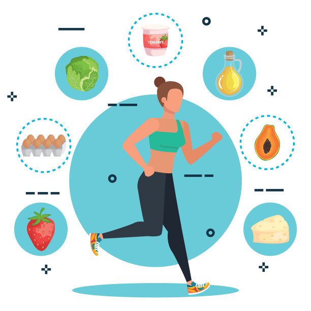带着鸡蛋，水果和奶酪跑步的女人图片下载