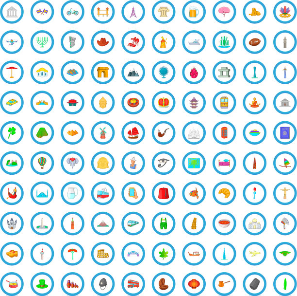 100个地标图标设置卡通风格图片下载