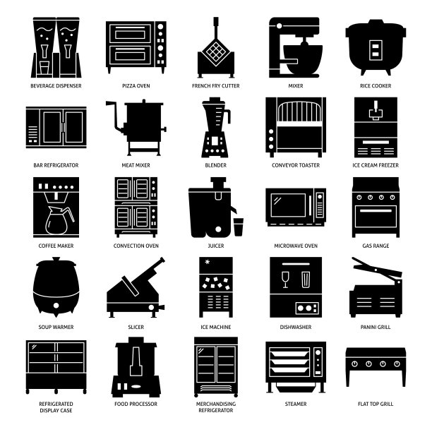 餐厅厨房设备剪影图标设置图片下载
