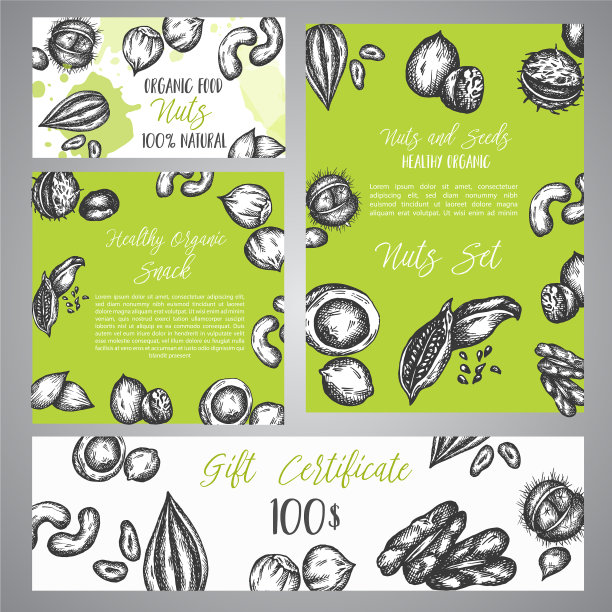礼品券与速写坚果和种子手图片下载