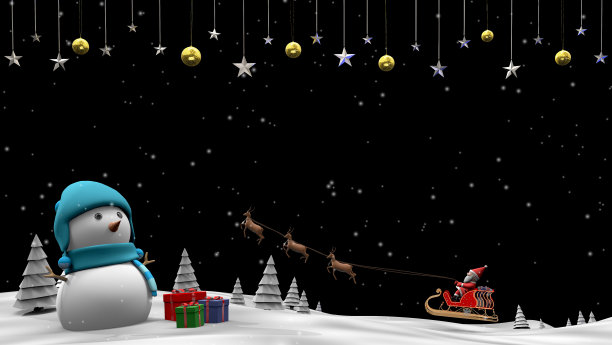 3D渲染圣诞老人和雪橇飞向天空的雪地和雪人，礼物盒在地板上有金球，银星在图像的顶部包括alpha背景。图片下载