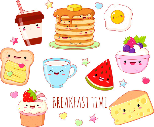 设定可爱的早餐食品图标在卡哇伊风格图片下载