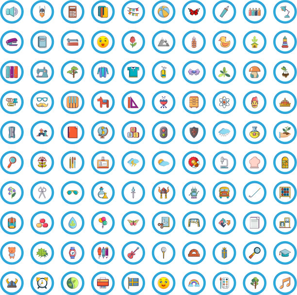 100个教学图标设置卡通风格图片下载