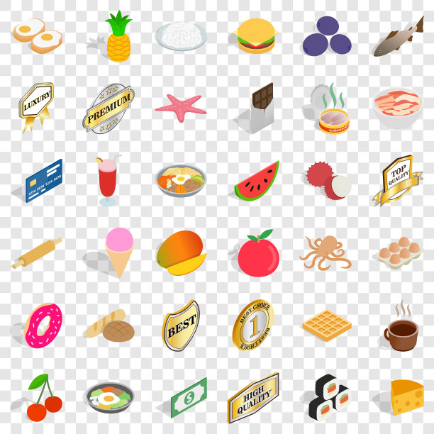 高质量的食品图标设置等距风格图片下载