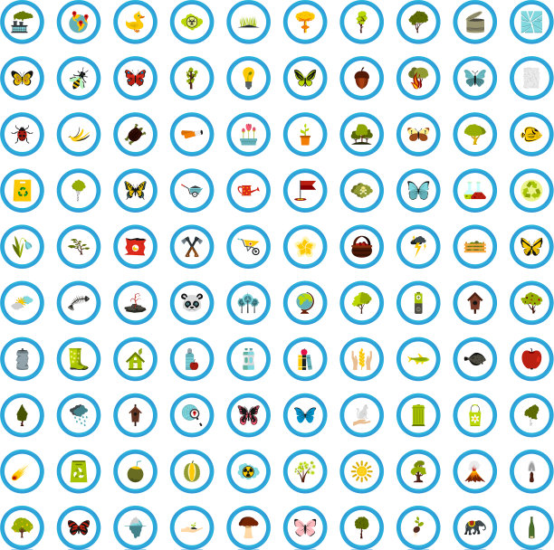 100个自然保护图标设置平面风格图片下载