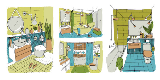 手绘现代浴室和卫生间内部图片下载