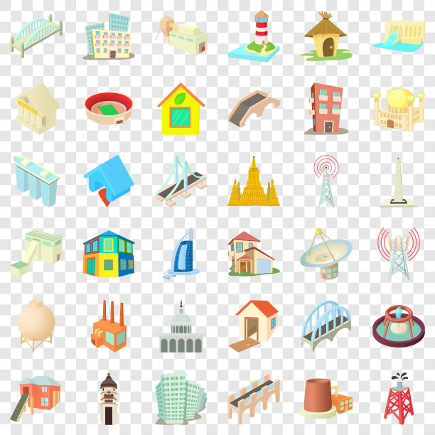 城市建筑图标设置卡通风格图片下载