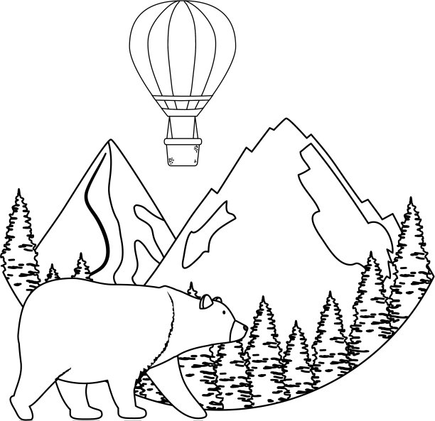 气球腾空如也，伴着松树和山川热飞图片下载