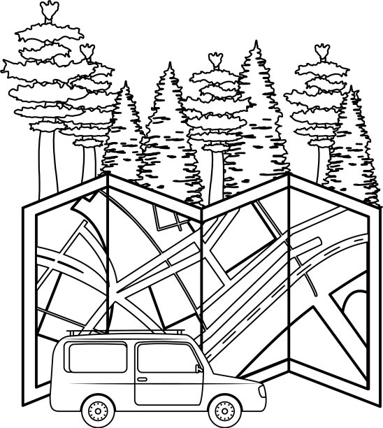 松树树木森林景观与纸地图和车图片下载