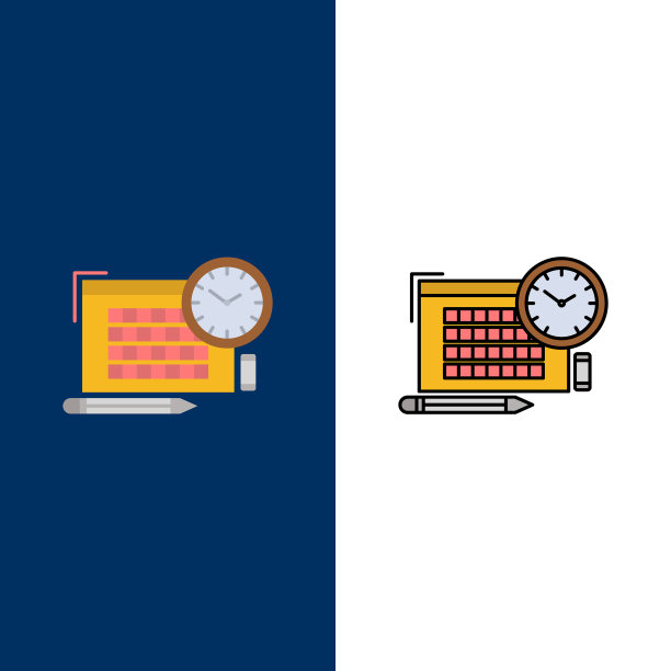 时间文件笔焦点图标平坦和线条填充图片下载