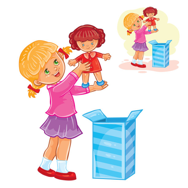 小女孩打开礼物，从里面拿出一个洋娃娃图片下载