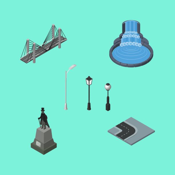 等距街道设置的花园装饰雕塑图片下载