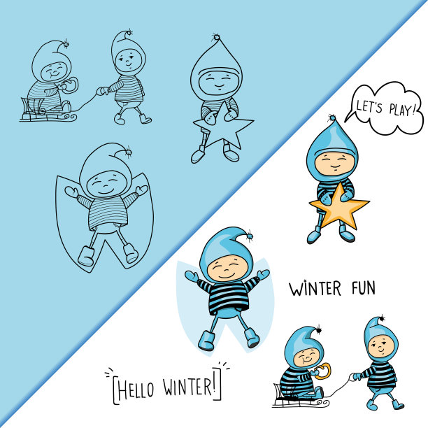 有趣的手绘冬季小矮人或孩子们玩出来图片下载