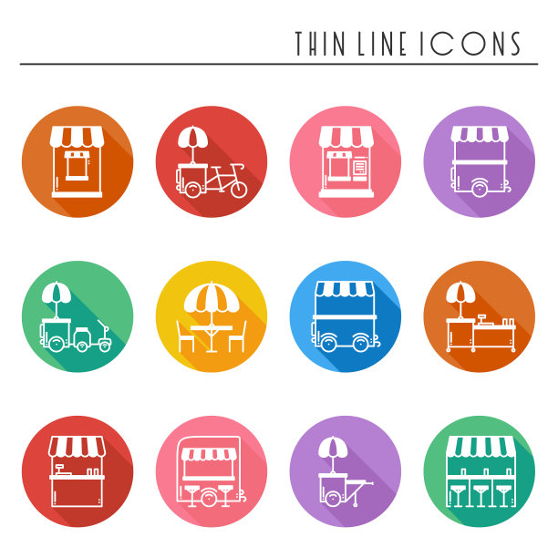 街头小吃零售细线图标设置餐车图片下载