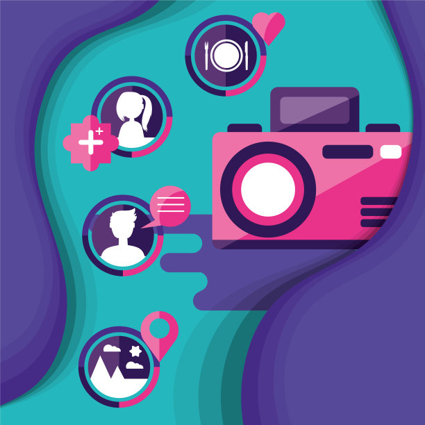 带有社交媒体图标的照相机图片下载