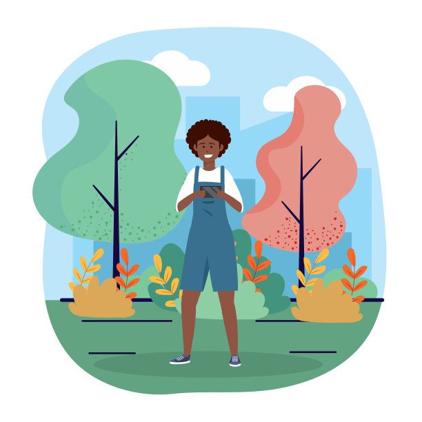 拥有智能手机技术和树木的有趣女人图片下载