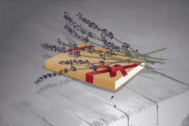 木桌上放着一束薰衣草花和一本书图片下载